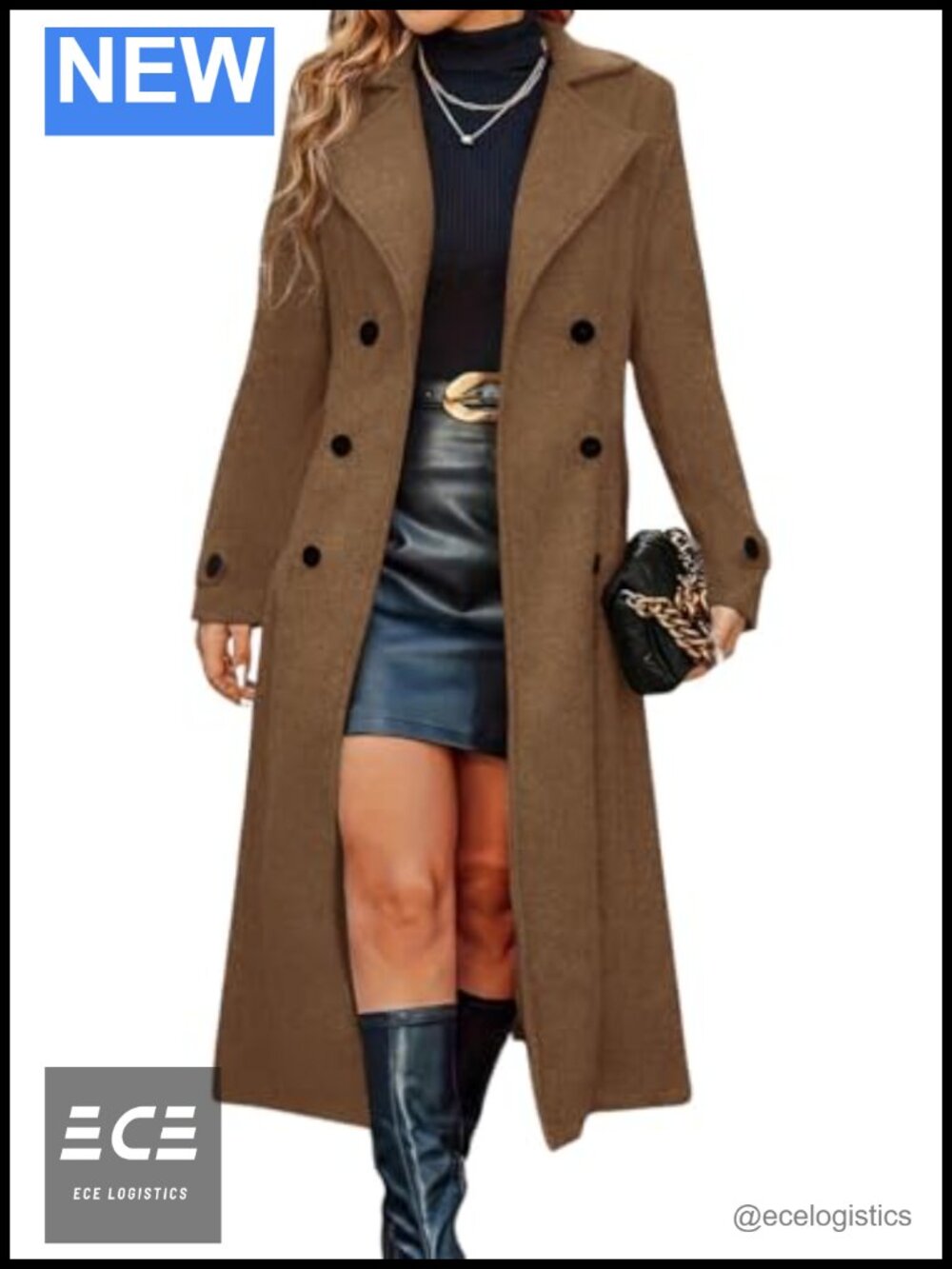 Women's Double Breasted Midi Long Wool Blend Coat Notch Lapel Overcoat